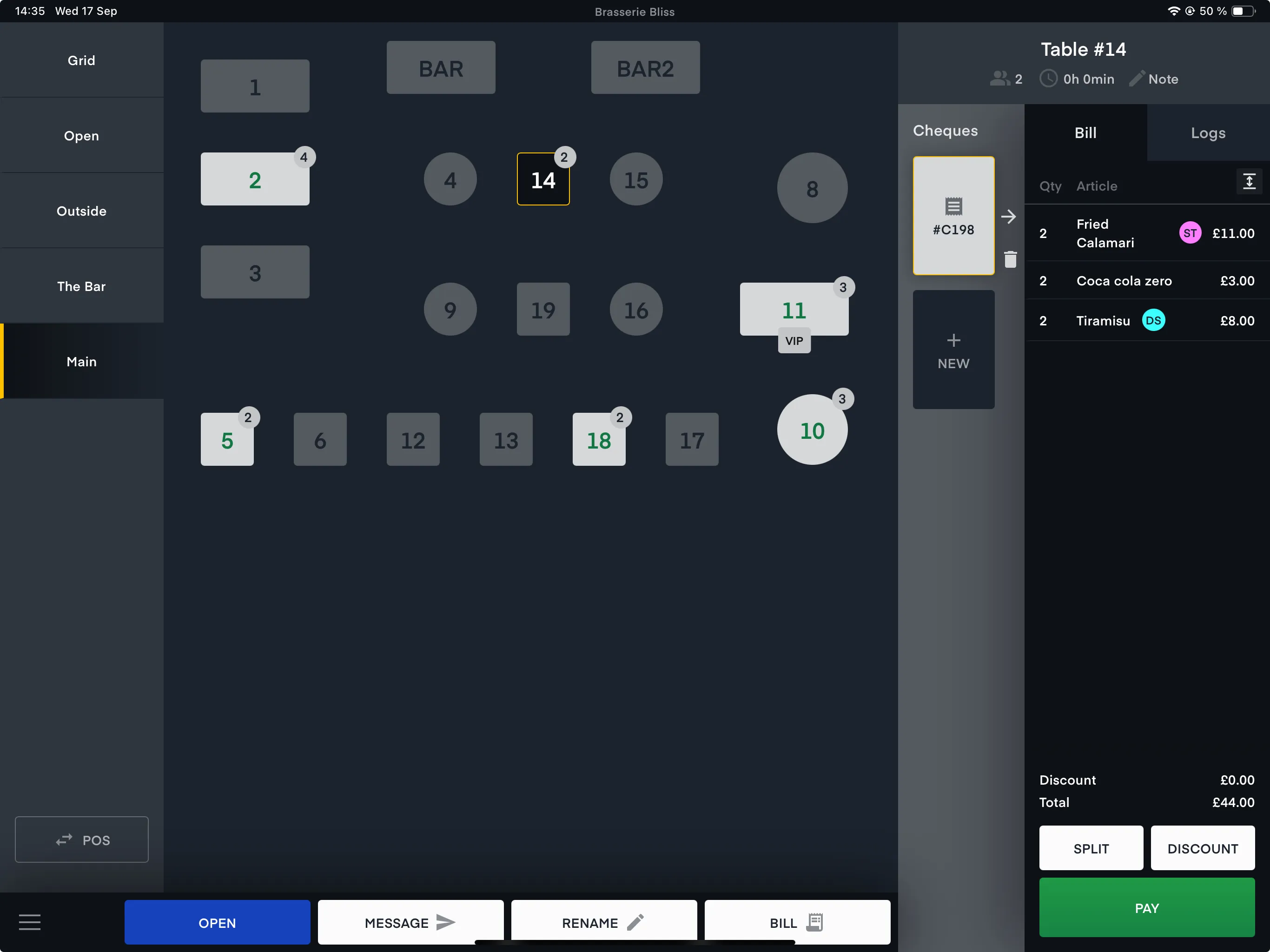 A screenshot of the table map in the table POS system
