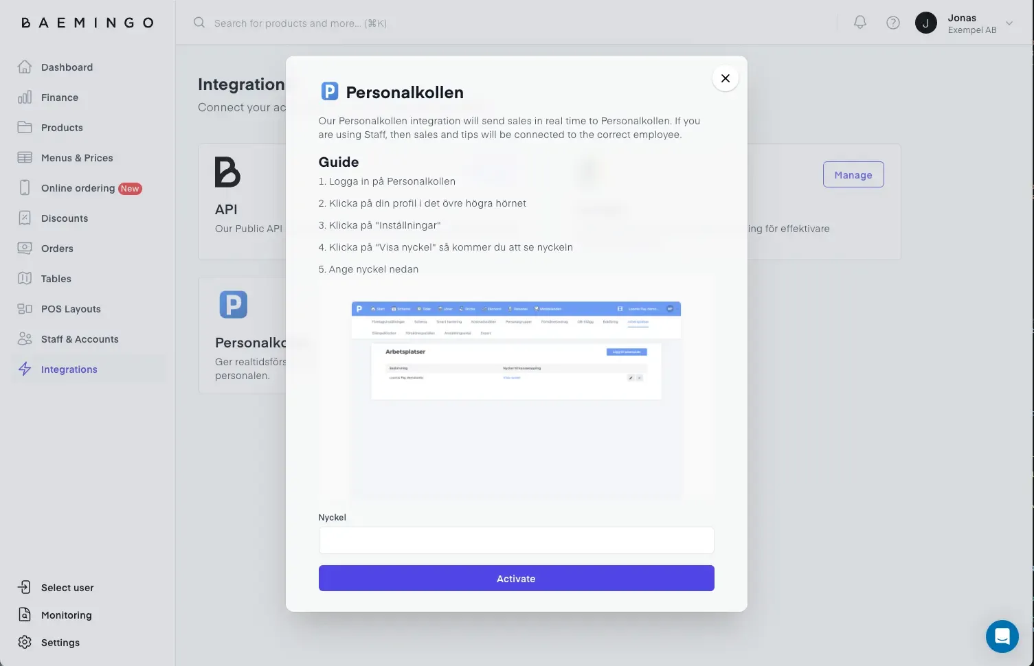 Personalkollen setup screenshot from backoffice