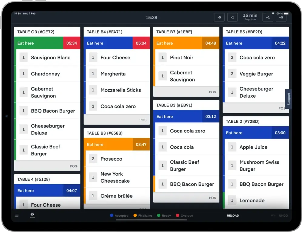 An ipad showing a kitchen screen with ongoing orders