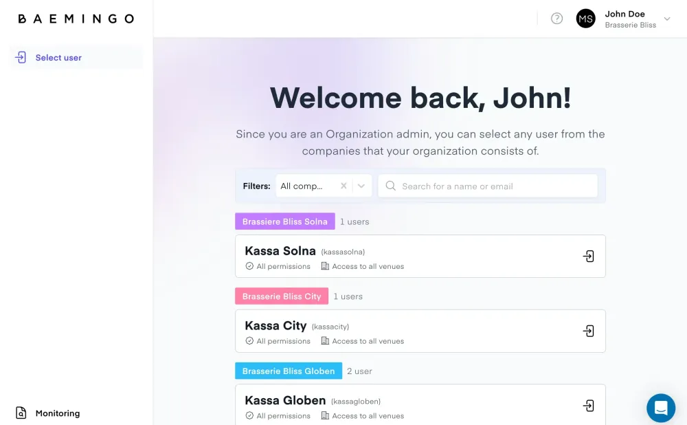 Welcome page in Baemingo's backoffice for organizational admins