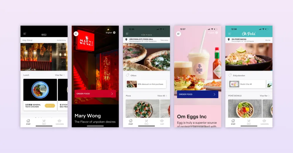 5 different screenshots of online ordering with different colors and styles