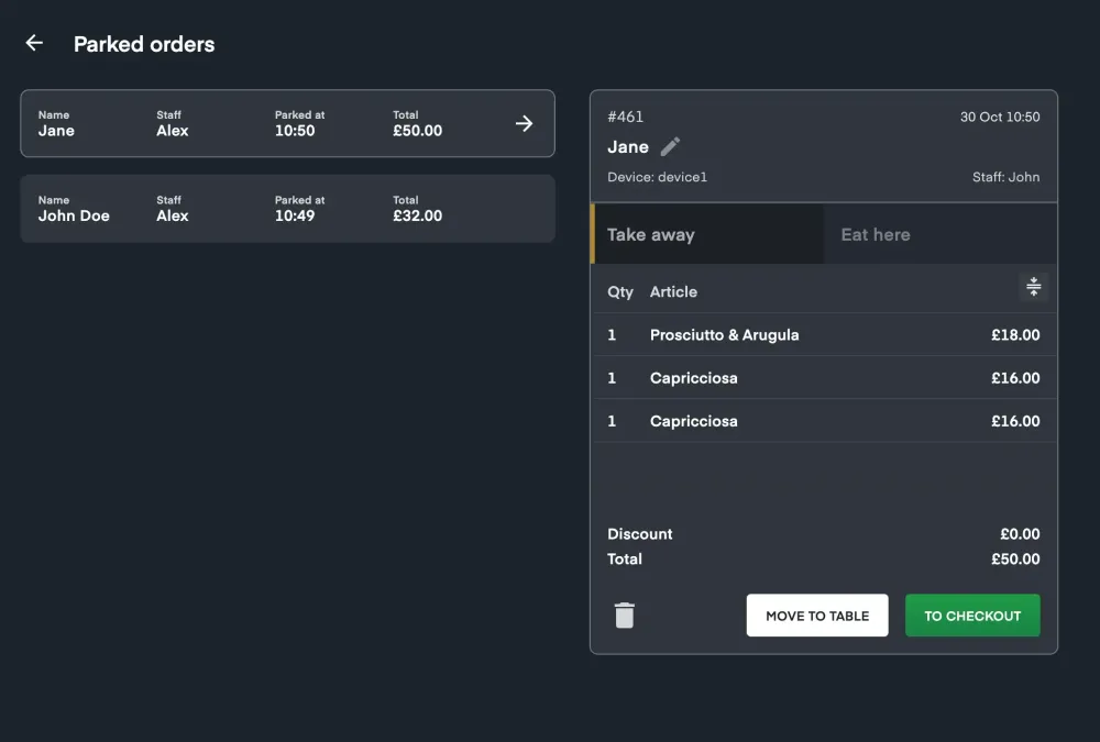 Screenshot of parked orders and details in the POS