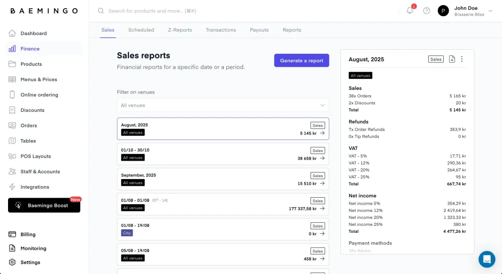 The reports page showing sales for a date in backoffice
