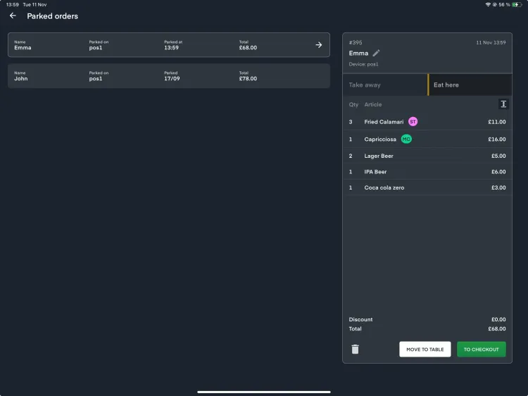 Baemingo's parked orders view in POS