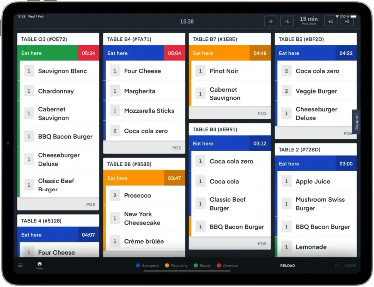 An ipad showing a kitchen screen with ongoing orders
