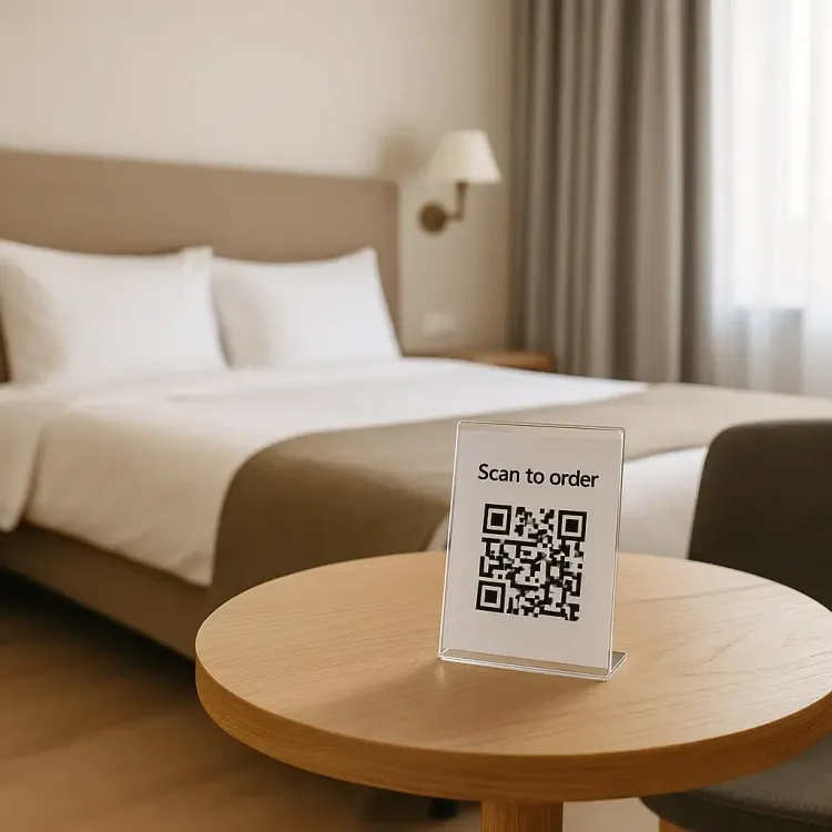 A sign with a QR code in a hotel room