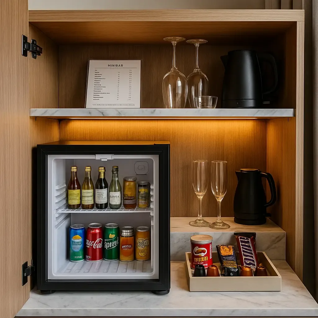 A minibar at a hotel